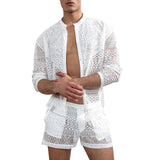 Riolio men summer outfits Hollow Out Sexy Lace Suit Fashion Long Sleeve Shirt Casual Shorts Men'S Clothing Suit Solid Color Matching Summer Suit For Male