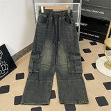 Riolio  New American Jeans Men and Women Trendy Retro Washed Multi Pocket workwear Loose High Street Straight Leg Casual Pants y2k