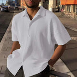 Riolio  New Men Shirts Short Sleeve Turn-down Collar Casual Tops Spring Summer Fashion Solid Rib Loose Shirt For Men Clothing Streetwear