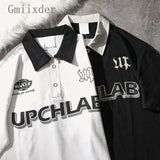 Riolio  Summer American Vintage Letter Large Polo Shirt Men Women's Loose Cotton Versatile Couple Trun Down Collar Short Sleeve T-shirt