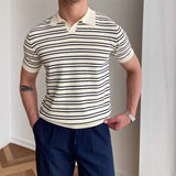 Riolio  Summer Breathable Short-sleeved Half-sleeved T-shirt for Stripes Men Fashionable New Korean Style Knitted Sweater Casual Collar