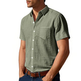 Riolio Summer New Solid Color Linen Men's Shirt Turn-down Collar Short Sleeve Men's Loose Casual Pocket Outdoor Vacation Shirt