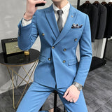 Riolio  ( Jacket + Pants ) Brand Solid Color Formal Casual Business Office Double Buttons Suit Two-pcs Set Groom Wedding Dress Party