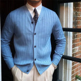 Riolio  Autumn Winter Men's Business Casual V Neck Cardigan Solid Color Knit Sweatercoat Male Slim Fit Long Sleeve Knitted Sweater Tops