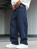 Riolio  Men's street fashion casual vertical stripe multi-pocket cargo blue jeans, with an overall design that balances between refined