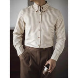 Riolio  Spring and Autumn Long-sleeved Striped Shirts Retro Men's British Business Casual Inch Shirts No-iron Anti-wrinkle Slim Shirts