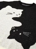 Riolio  Autumn/Winter New Color-Block Cat-Print Knit Sweater for Women - Loose and Casual Style Student Pullover
