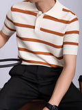 Riolio  Summer Daily Casual Mens Slim Polo Shirt Knitted Striped Crochet Polo Shirts Men Vintage Buttoned Polo Neck Knitting Polos