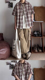 Riolio  New Men's Color-blocking Retro Plaid Shirt Lapel Teenager