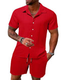 Riolio New style Summer Men's Fashion Beach Suit Outdoor Sports Casual Shirt Solid color Loose Short Sleeve Shorts Beach two-piece