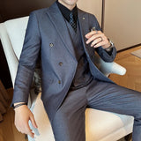 Riolio  New Men's Double-Breasted Three-Piece Suit Elegant Business Style Casual Fashion Urban Spring Season Slim Fit Metal Decoration
