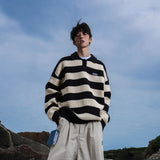 Riolio American autumn and winter high street men and women trendy personalized striped lapel shirts for couples loose retro casual top