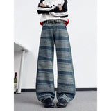 Riolio  Men's American Vintage Striped Denim Pants Washed Loose Straight Casual Flare Trousers