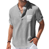 Riolio New Men's Short Sleeve Breathable T-shirts Summer Solid Color Basic Pocket Shirts for Men Oversized Half Button Linen Streetwear