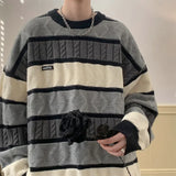 Riolio Japanese Style Vintage Color Blocking Cable Knit Striped Round Neck Sweater For Men And Women Winter Warm Preppy Thickened Knit