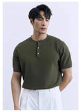 Riolio New Fashion American Style Men T-shirt Luxury Striped Knitted Henry Collar Tees Casual Solid Color Short Sleeve Breathable Tops