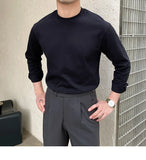 Riolio  New Autumn Fashion Men T-shirt Light Luxury Solid Color Long Sleeve Tops Leisure Streetwear Casual O Neck Basic Shirts M-3XL
