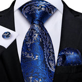 Riolio Royal Blue Silver Paisley Silk Ties For Men 8cm Formal Business Wedding Necktie Set Handkerchief Cufflinks Gift For Men