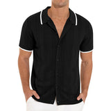 Riolio Summer Beach Breathable Hollow Out Shirts Men Casual Short-sleeved Button Lapel Knit Shirt Vintage Patchwork Knitting Cardigans