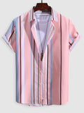 Riolio Multicolored Striped Shirts for Men Button-Up Short Sleeve Turn-down Collar Shirt Summer Streetwear Casual Tops