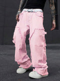 Riolio  Pink Frayed Wide-Leg All-Season Cargo Denim Jeans