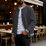 Riolio  Men's Cable Knit Varsity Jacket Striped Collar Cuff Button Down Baseball Bomber Jacket Casual Knit Cardigan Coat