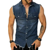 Riolio Spring/Summer New Men's Denim T-shirt With Lapel, Sleeveless Cardigan, Single Breasted Top Pocket, Blue Distressed, Washed,