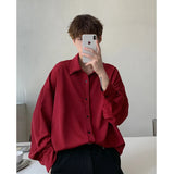 Riolio Long sleeve shirt men Double Collar Ice Silk Shirt Men Vintage Wine Red Shirts Men Korean Comfortable Blouse Casual Loose Shirt