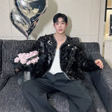 Riolio Shiny Sequins Jacket for Men Black Silver Sparkle Long Sleeve Casual Bomber Jacket Male Party Club Fashion High Street Coats