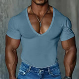 Riolio  Summer Men's T-shirts Deep V Neck Solid Color Gym Muscle Fitness Undershirt Tee Tops Short Sleeve T Shirt For Men Clothing