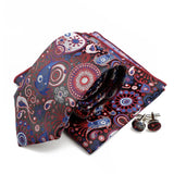 Riolio  New Men's Polyester Tie Pocket Square Cufflink Set Green Wine Red Brown Paisley Flower Necktie Business Party Accessories Gifts