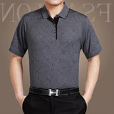 Riolio  Summer Middle-aged Elderly Men's Trend Lapel Button Printed Geometric Striped Pullover Casual Loose Short Sleeved T-shirts Tops