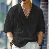 Riolio  New Summer Men's Vintage Solid Ribbed T-Shirts Trendy V-Neck Knitted Loose Elasticity T-shirt Fashion Men Half Sleeve Tees