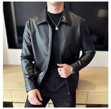 Riolio Windproof Stand Collar Zipper Cardigan Leather Jacket Motorcycle Leather Coat PU Leather Business Leather Jackets Men's Fashion