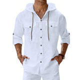 Riolio  Men's Linen Hooded Shirt Casual Solid Color Long Sleeve Beach Button Tops