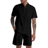 Riolio  Men's Cotton Linen Set Henley Shirts Shorts Outfits 2 Pieces Beach Clothes Vacation Matching Suit Summer Wear Shirt Sleeve