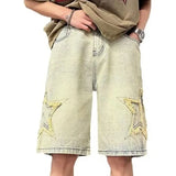 Riolio  Star Patchwork Yellow Clay Color Jeans Summer Men Denim Shorts Trendy Streetwear Five-point Pants Straight Jeans Shorts
