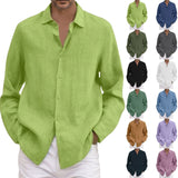 Men Causal Linen Shirts Fashion Business Office Loose Lapel Long Sleeve Tops Beach Vintage Solid Color Button Clothing
