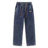 Riolio Men Dark Blue Blue Stretch Elastic Waist Denim Pants Streetwear Loose Full Length Trousers Straight Wide Leg Drawstring Jeans