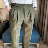 Riolio Men Pants Classic Men's Office Trousers Slim Fit High Waist Vintage Pockets for Formal Business Style Elegant Formal Pants