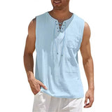 Riolio  Cotton Linen Shirts For Men Casual Solid Color Vest Lace Up Sleeveless Shirts V-Neck Tank Tops Baggy Shirt Male Lightweight Tees