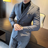Riolio  New Men's Double-Breasted Three-Piece Suit Elegant Business Style Casual Fashion Urban Spring Season Slim Fit Metal Decoration