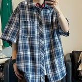 Riolio Casual Plaid Short Sleeve Shirt For Men Summer Japanese Vintage Loose Fit American Style Trendy Brand Jacket