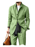 Riolio  Men's Linen Blend 2 Piece Suit Set Stand Collar Three Button Breathable Casual Blazer Pants For Business Daily Wear Summer
