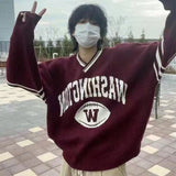Riolio  Vintage Sweater Y2K Knitted Letter Patchwork Racing Sports Jumper Streetwear Hip Hop Casual Baggy V-Neck Long Sleeve Pullover