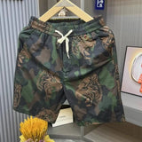 Riolio  Camouflage Tiger Pattern Men Fashionable Breathable Dark Green Waist Drawstring Beach Shorts