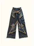 Riolio  American Retro Star Jeans for Men and Women, Autumn Niche Design Star High Street Straight Loose Wide-Leg Pants