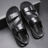 Riolio Comfortable Men's Sandals Solid Color Open Toe Mens Leather Sandals New Slippers Beach for Male Leather Footwear