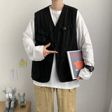 Riolio  Pure Cotton Summer Men New High Street Multiple Pockets Solid Color Workwear Coat Loose All-match Kam Shoulder Sleeveless Tops