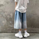 Riolio  High Street Trendy Gradient Jeans Men Summer Thin Elastic Waist Drawstring Pockets Loose Casual Denim Wide Leg Calf Length Pants